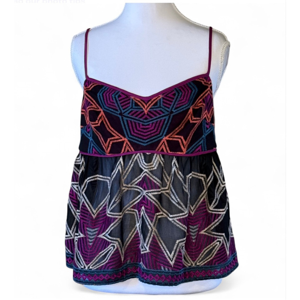BCBGMAXAZRIA Embroidered Boho Cami Top Purple Teal Geometric Medium
